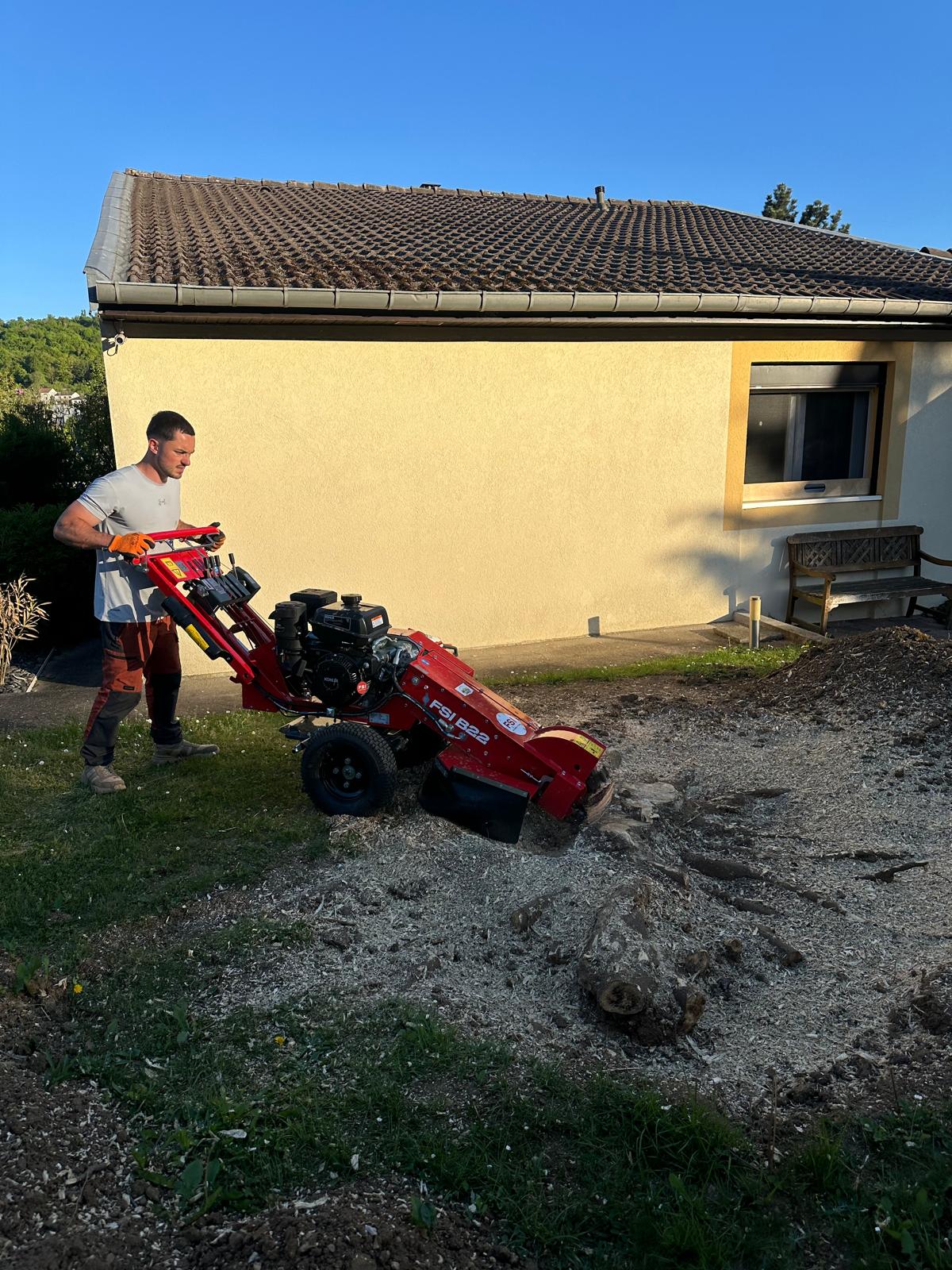 Rognage de souche en cours avec équipement professionnel